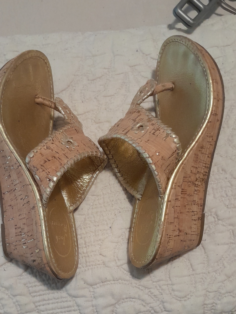 Jack Rogers Cork And Gold Wedge Thong Sandals in Beige with Embroidered Accents - Picture 3 of 4